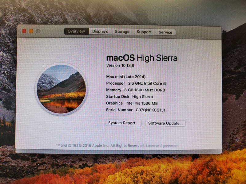 Apple Mac Mini A1347 Late 2014 Intel Core i5-4278U @ 2.60 GHz 8GB RAM 1TB HDD (