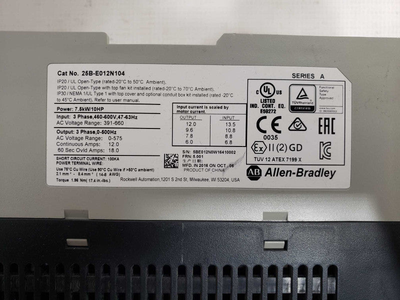 PowerFlex525 AC Drive 25B-E012N104 3PHASE 460-600VAC 7.5KW/10HP [