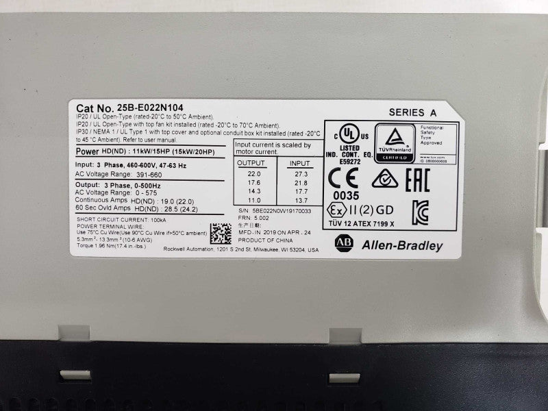 PowerFlex525 AC Drive 25B-E022N104 3PHASE 460-600VAC 47-63 Hz 11KW/20HP [