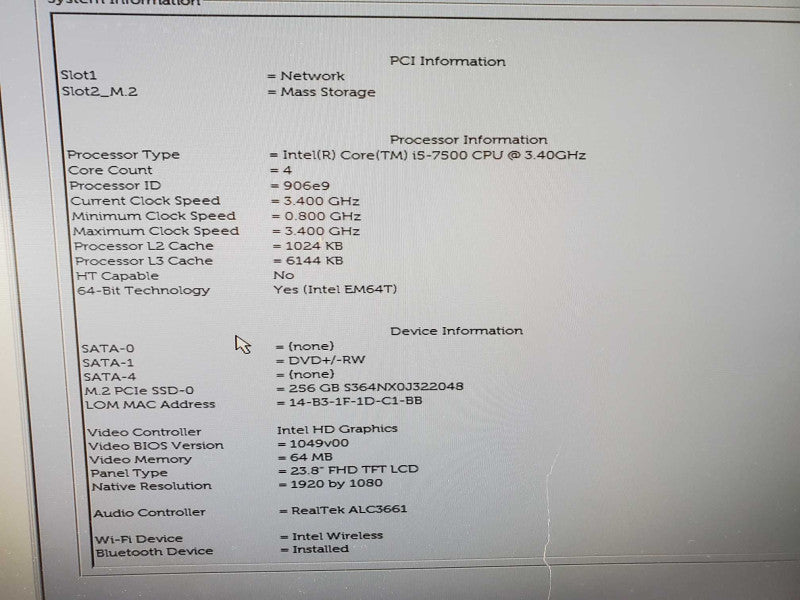 Dell Optiplex 7450 AIO Core i5-7500 @ 3.4 GHz 8GB 256GB SSD *READ* (