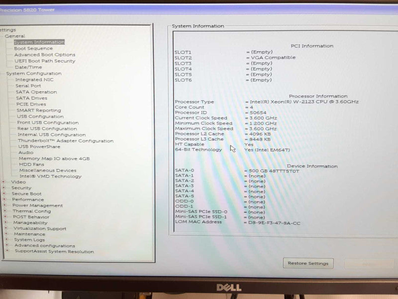 Dell Precision T5820, Xeon W-2123 3.6GHz, 0GB DDR4, 500GB HDD, No GPU _