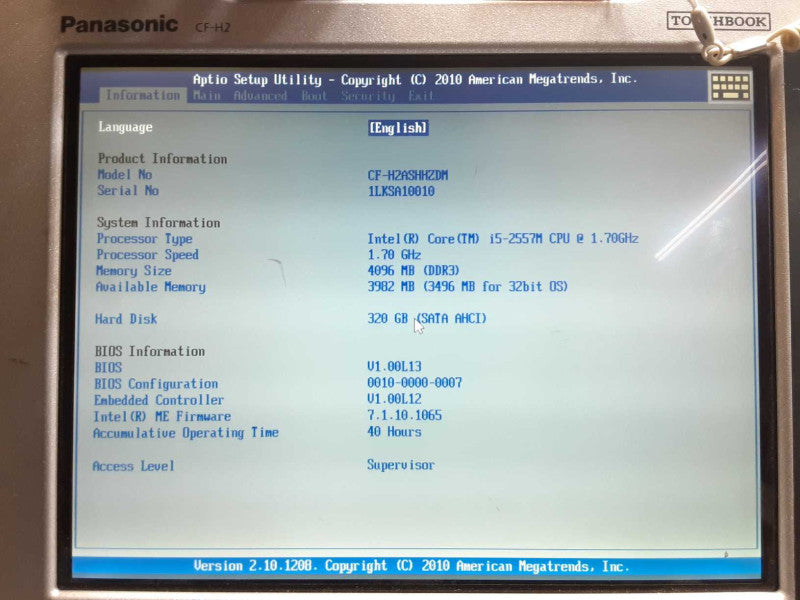 Panasonic ToughBook CF-H2, Core I5-2557M 1.7GHz, 4GB RAM, 320GB HDD, Read _