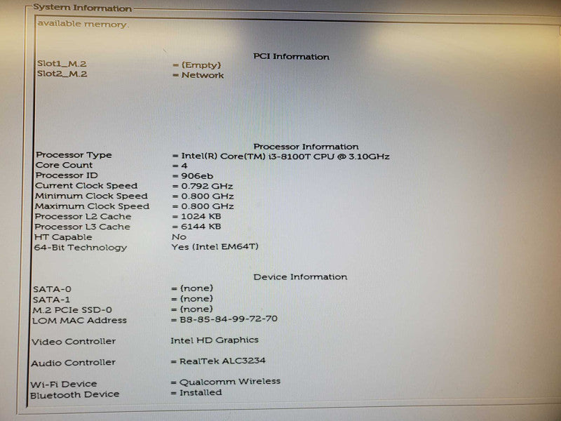 Dell OptiPlex 3060 Micro PC Core i3-8100T @ 3.10 GHz 8GB RAM No HDD (