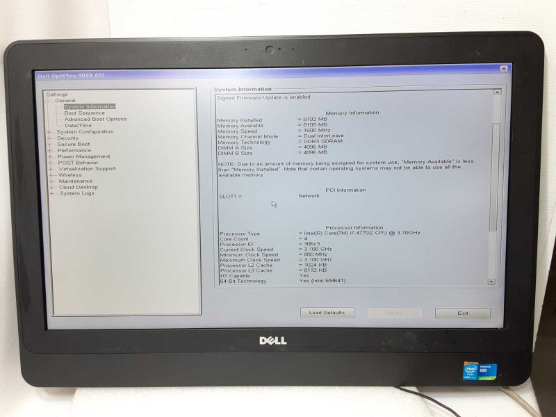 Dell Optiplex 9020 AIO, Core I7-4770S 3.1GHz, 8GB DDR3, No HDD, Read _