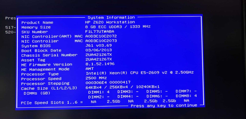 HP Z620 workstation xeon E5-2609 V2 @ 2.50ghz / 8gb ram / see notes #