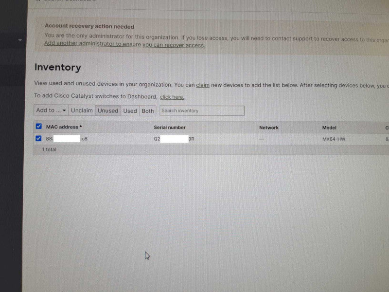 Cisco Meraki MX64-HW Cloud Managed Firewall, Unclaimed _