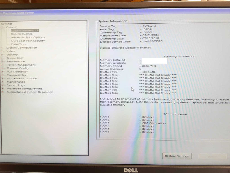 Dell Precision T5820, Xeon W-2123 3.6GHz, 0GB DDR4, No HDD, No GPU _