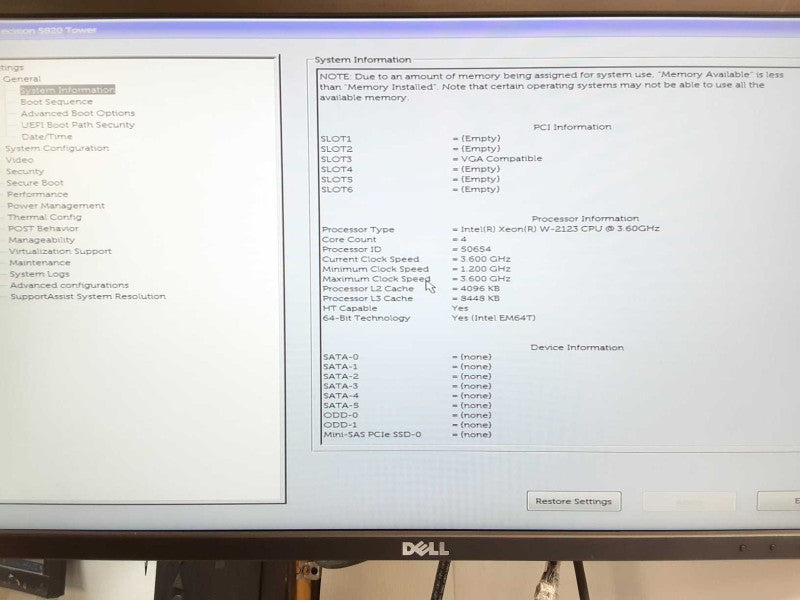 Dell Precision T5820, Xeon W-2123 3.6GHz, 0GB DDR4, No HDD, No GPU _