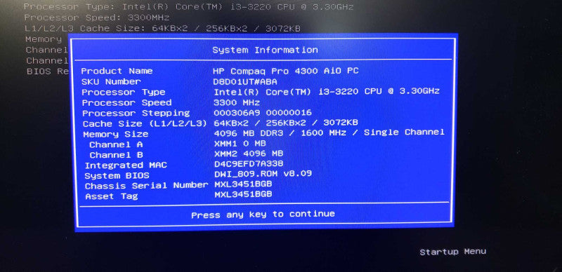 HP Compaq Pro 4300 AiO i3-3220 @ 3.30ghz / 4gb ram / 20in  #
