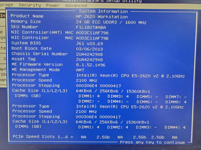 HP Z620 Workstation E5-2620 v2 2.1GHz 24GB DDR3 No HDD, No Side Panel |