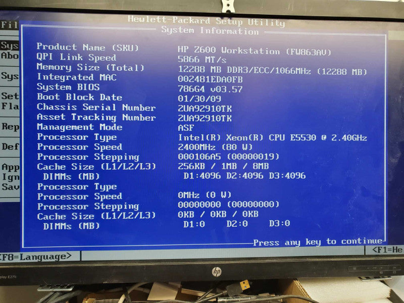 HP Z600 WS, Xeon E5530 2.40GHz/12GB DDR3, Quadro FX3800, NO HDDs ~
