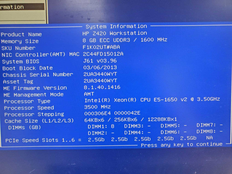 HP Z420 Workstation E5-1650 v2 3.5GHz 8GB DDR3 No HDD No GPU |