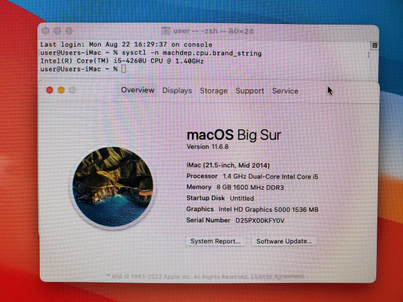 iMac 21.5\\" Mid-2014 Core i5-4260U @  1.4 GHz, 8GB Ram, 1TB Hard Drive (
