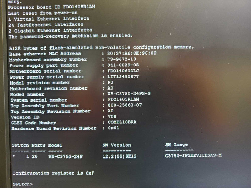 Cisco WS-C3750-24PS-S 3750 Poe 24 Ethernet Ports Catalyst Switch (