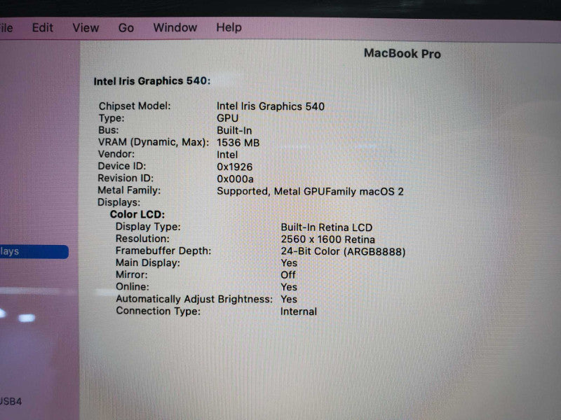 MacBook Pro 2016, A1708 13\\", Core i5-6360U @ 2.0 GHz, 8 GB, 250SSD *READ* (
