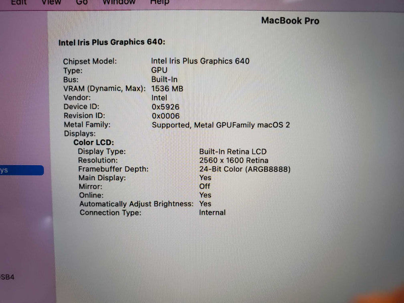 Apple Macbook Pro 2017 13\\" A1708 Core i5-7360U 2.3GHz 8GB 250GB SSD (