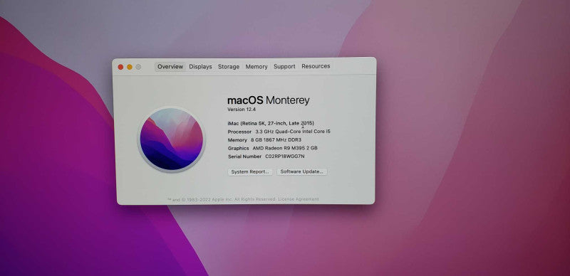 MAC A1419 Mid-2015 Monterey i5-4590 @ 3.3ghz / 8gb ram / R9 M395 GPU #