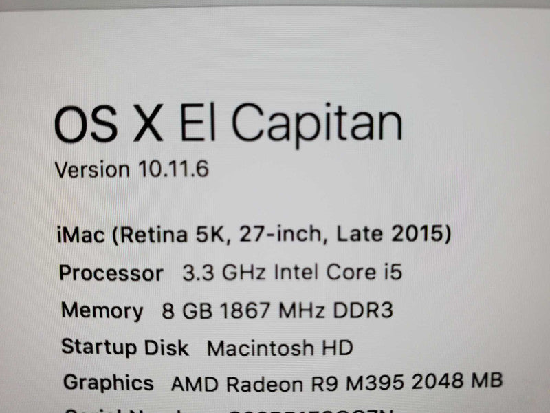 Apple iMac A1419 Retina 5K 27\\" Late2015 i5 3.3GHz 8GB DDR3 Radeon R9 2TB HDD |