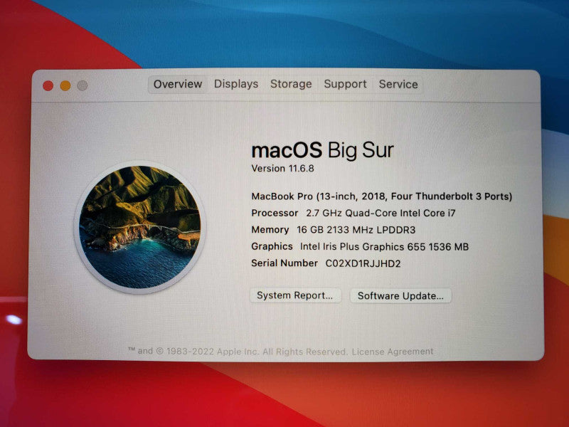 Macbook Pro 2018 13\\" w/ Touch Bar Core i7-8859U @ 2.7 GHz 16GB 250GB SSD (