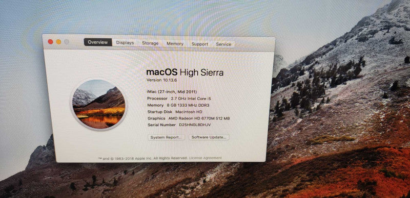 iMac 27in i5-2500S @ 2.7ghz / 8gb ram / HD 6770M GPU / High Sierra Mid-2011 #
