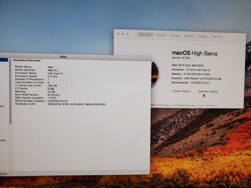 Apple 21.5\\" iMac A1312 M.2011 Core I5-2400S @ 2.5GHz 12GB 500G HD 6750M )