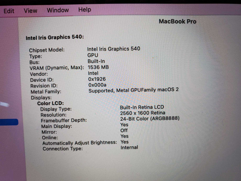 Apple Macbook Pro 2016 13\\" A1708 Core i5-7360U 2.3GHz 8GB 250GB SSD (