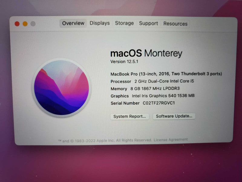 Apple Macbook Pro 2016 13\\" A1708 Core i5-7360U 2.3GHz 8GB 250GB SSD (