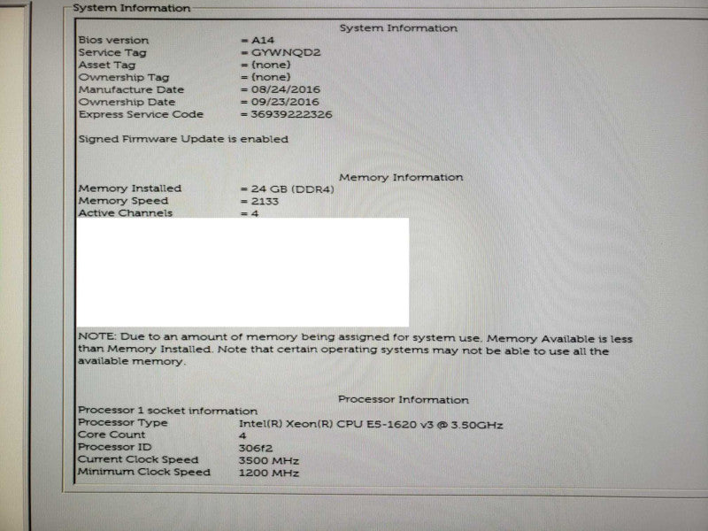 Dell Precision T5810 Xeon E5-1620v3@3.5GHz 24GB ECC DDR4 Quadro K620 No HDD [