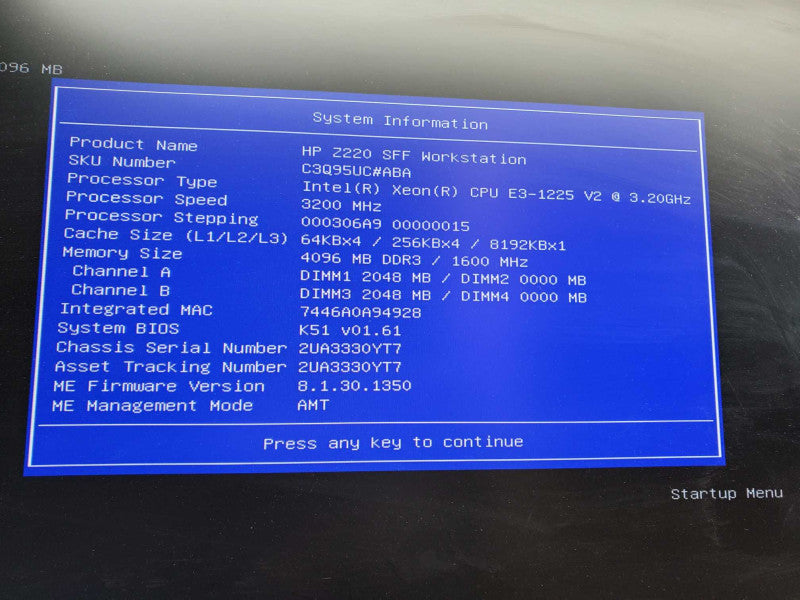 HP Workstation Z220 SFF Xeon E3-1225 @3.20GHz 4GB DDR3 No HDD )