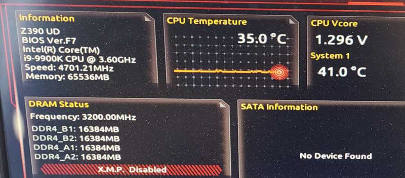Custom PC: Gigabyte Z390 UD I9-9900K 3.6GHz 64GB RAM MSI Geforce GT 710 1GB $