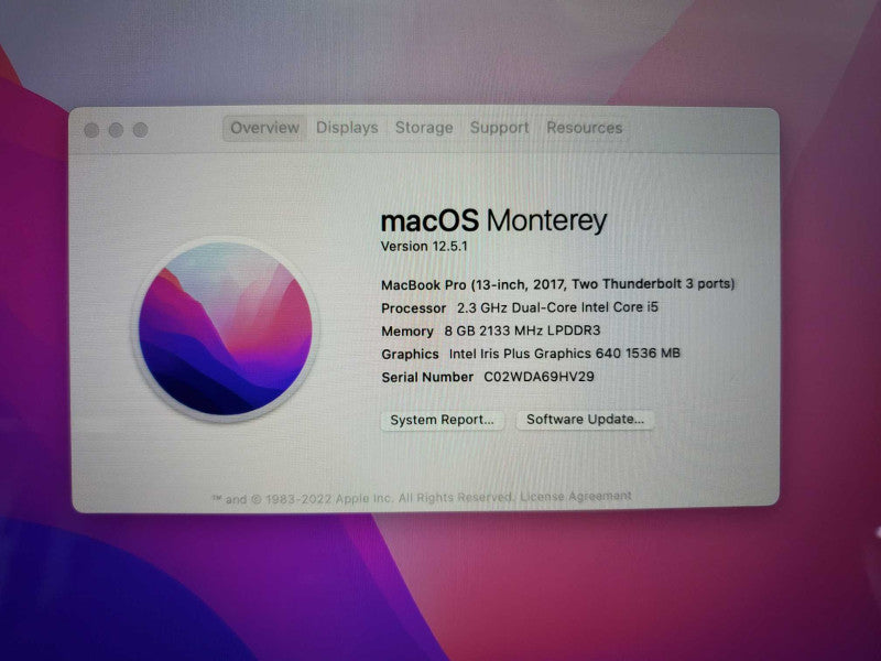 Apple Macbook Pro 2017 13\\" A1708 Core i5-7360U @ 2.3GHz 8GB 120GB SSD (