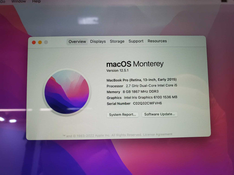 Apple MacBook Pro 2015 13\\" Retina i5-5257U @ 2.7 GHz 8GB DDR3 250GB SSD (