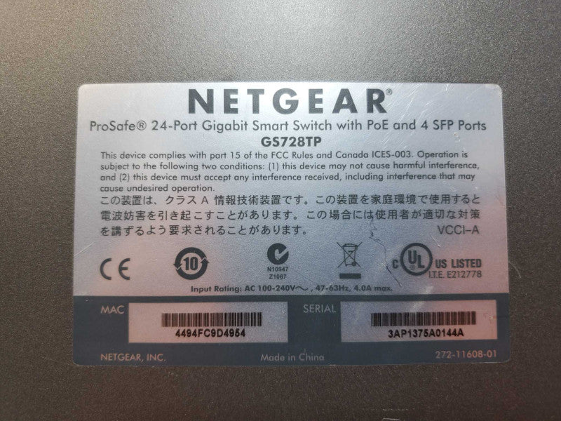 Netgear Prosafe FS728TP 24-Port PoE + 4 SFP Smart Ethernet Switch w/ Rack Ear (