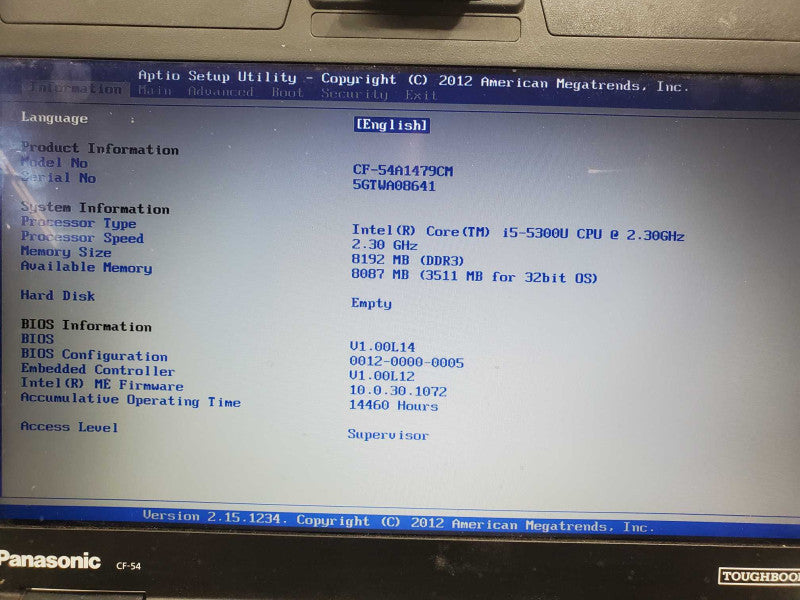 Panasonic Toughbook CF-54, i5-5300U 2.3GHz 8GB DDR3 No HDD No Battery |