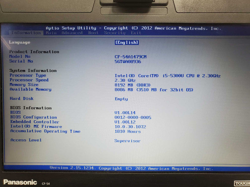 Panasonic Toughbook CF-54, i5-5300U 2.3GHz 8GB DDR3 No HDD No Battery NO DVD |