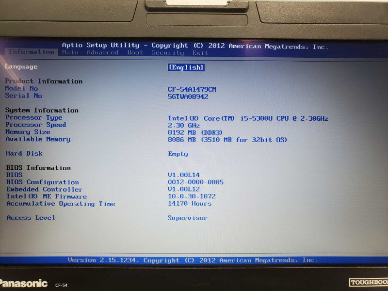 Panasonic Toughbook CF-54 i5-5300U 2.3GHz 8GB DDR3 No HDD Broken Latch |