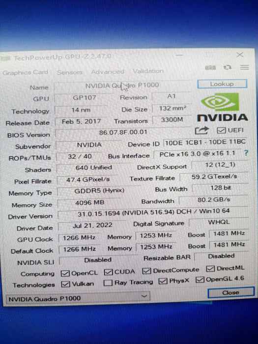 HP Nvidia Quadro P1000 4GB GDDR5 Graphics Card Low Profile ~