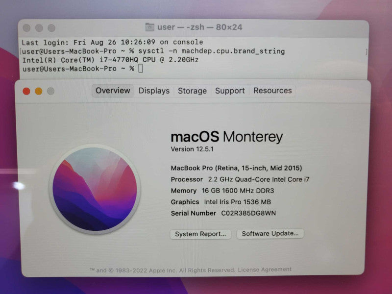 Apple Macbook Pro 2015 15\\" A1398 Core i7-4770HQ @ 2.2GHz 16GB 250GB SSD (