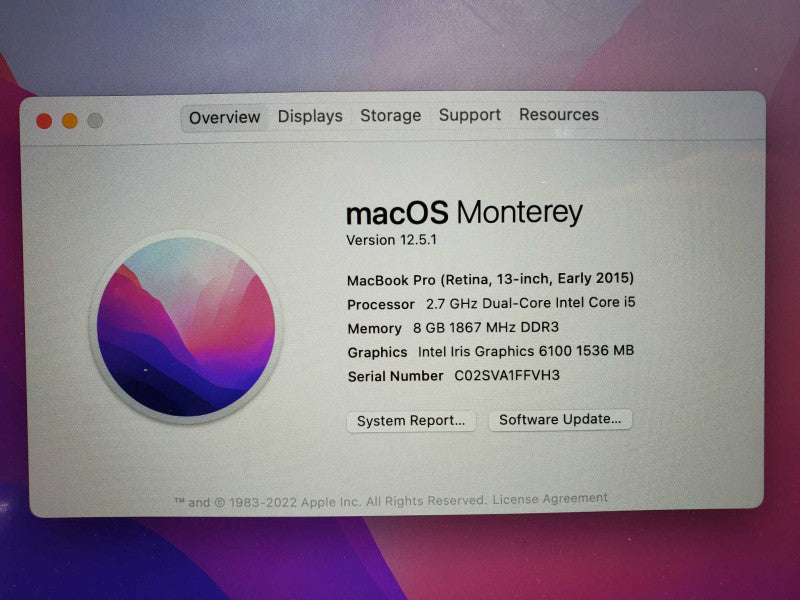 Apple MacBook Pro 2015 13\\" Retina i5-5257U@ 2.7 GHz 8GB DDR3 120GB SSD *READ* (