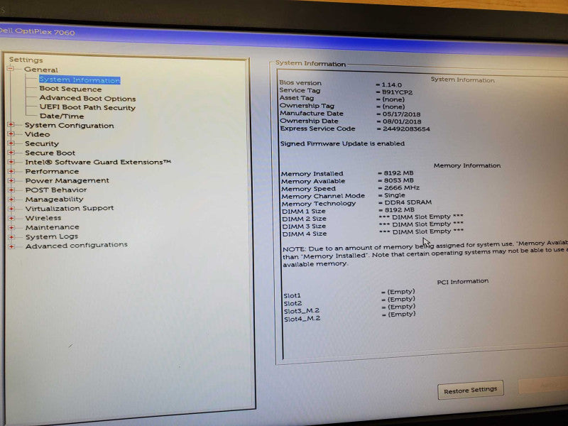 Dell Optiplex 7060 Core i7-8700 @ 3.2 GHz 8GB Ram No HDD (