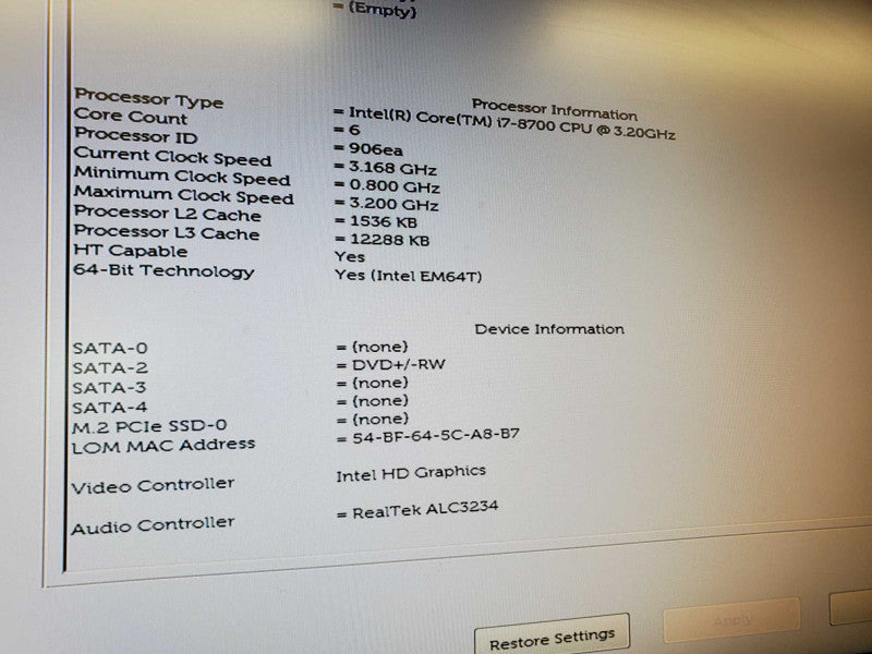 Dell Optiplex 7060 Core i7-8700 @ 3.2 GHz 8GB Ram No HDD (