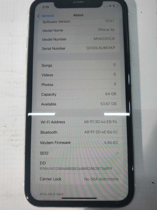 Apple iPhone XR White 64GB Carrier Unlocked |
