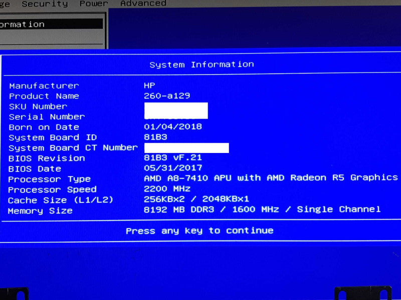 HP 260-a129 Desktop PC AMD A8-7410 @ 2.2GHz 8GB RAM - NO HDD/Caddies +