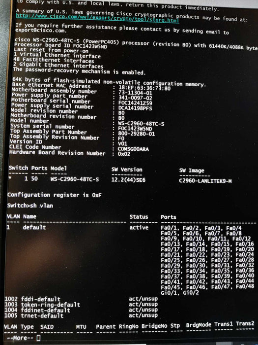 Cisco WS-C2960-48TC-S 48-Port Networking Fast Ethernet Switch , FCTY RESET ~