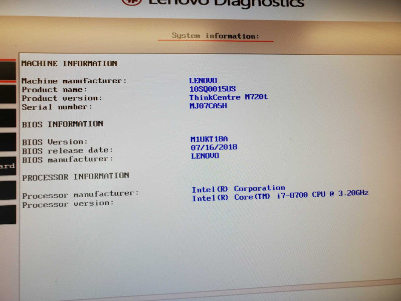 Lenovo ThinkCentre M720t Core i7-8700 @ 3.2 GHz, 8GB Ram, No HDD (