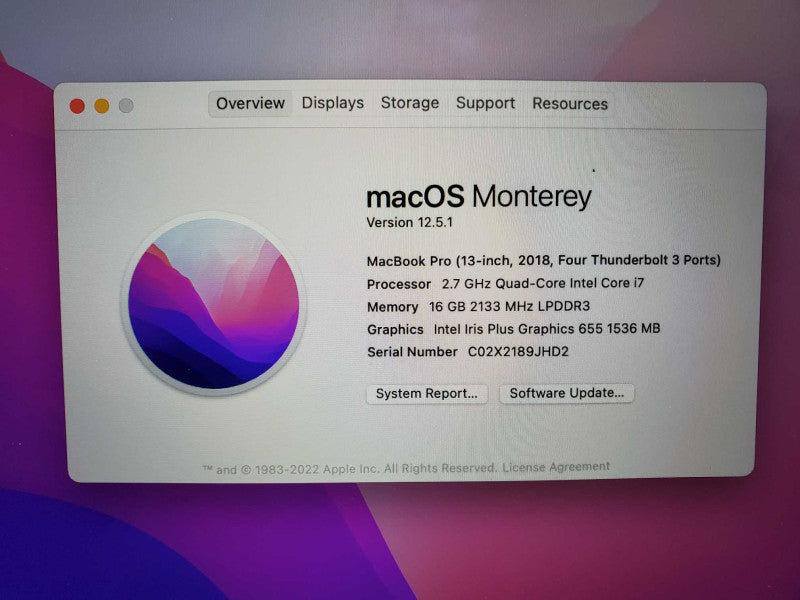 Macbook Pro 2018 13\\" w/ Touch Bar Core i7-8559U @ 2.7 GHz 16GB 250GB SSD (