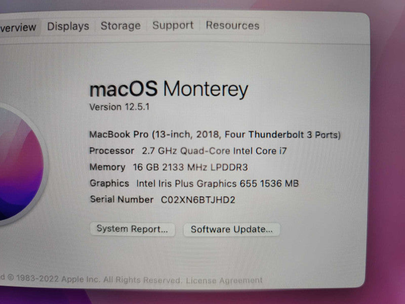 MacBook Pro 13-inch 2018 TouchBar i7 CPU @ 2.7Ghz 16GB RAM & 256GB Storage  -