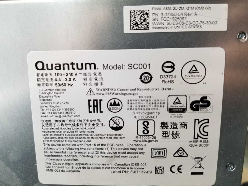 Quantum scalar i3 SC001 3-07350-04 Tape Drive, No Drive, 2x PSU, AS-IS, Read _