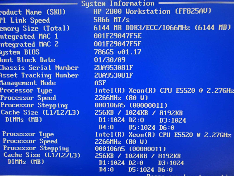 HP Z800 Work Station E5520 2.27GHZ  6GB DDR3 |
