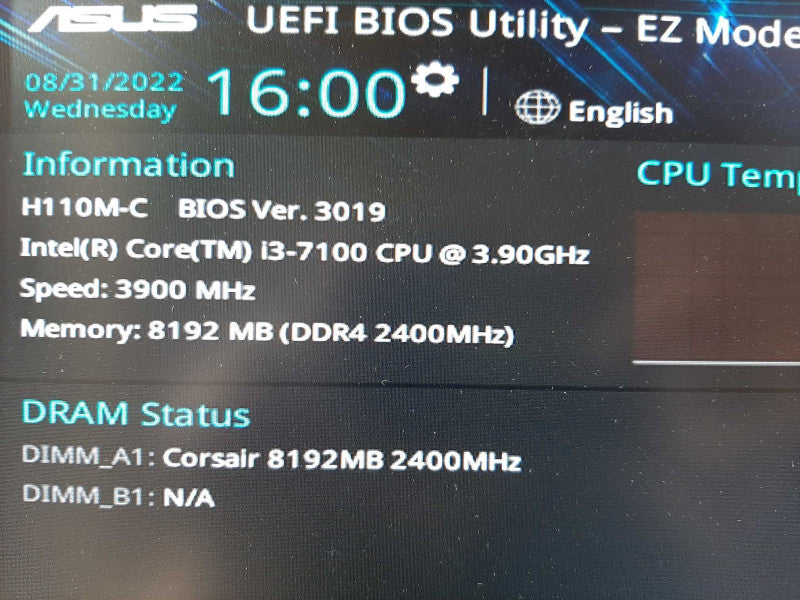 Custom Desktop  i3-7100 3.9 Ghz 8GB DDR4 H110M-C MOBO ~